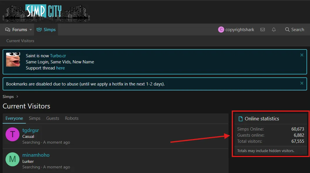 SimpCity online statistics showing over 67,000 concurrent visitors