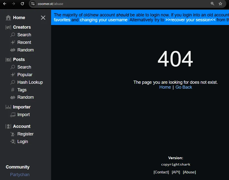 Coomer abuse page showing error