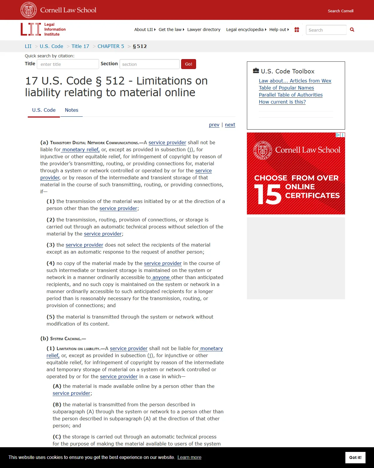 17 U.S.C. § 512 on Cornell Law's Legal Information Institute showing the full text of the DMCA safe-harbor and takedown framework
