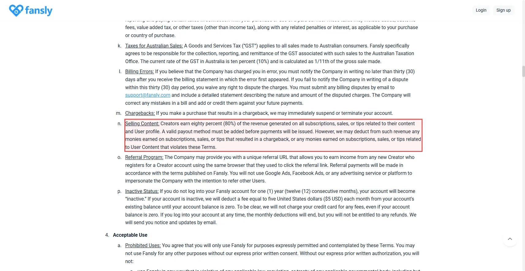Fansly Terms of Service section 3(n) highlighted, showing Fansly may deduct chargeback monies from creator revenue, contradicting the claim that Fansly absorbs chargebacks