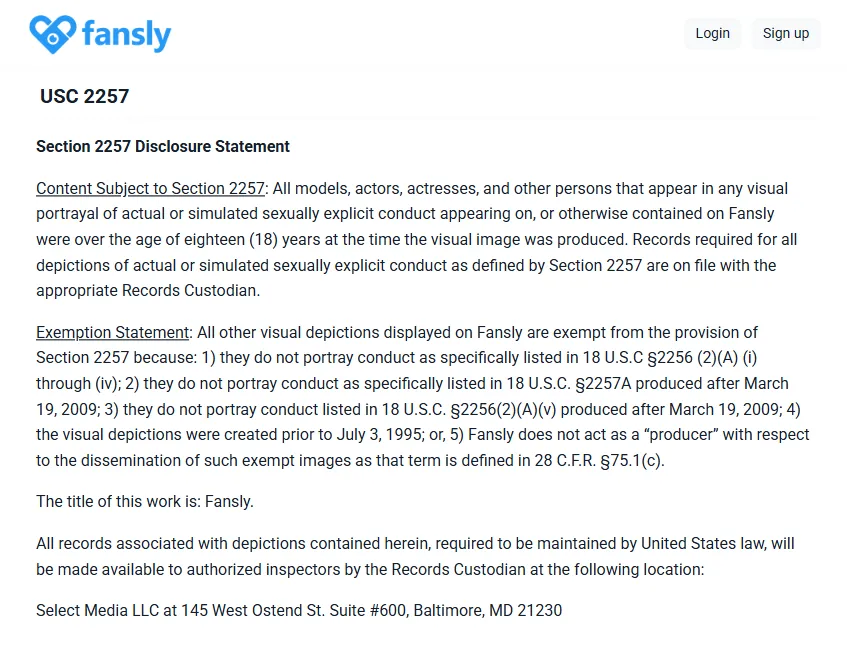 Fansly USC 2257 Disclosure Statement showing Select Media LLC, Baltimore MD as custodian of records