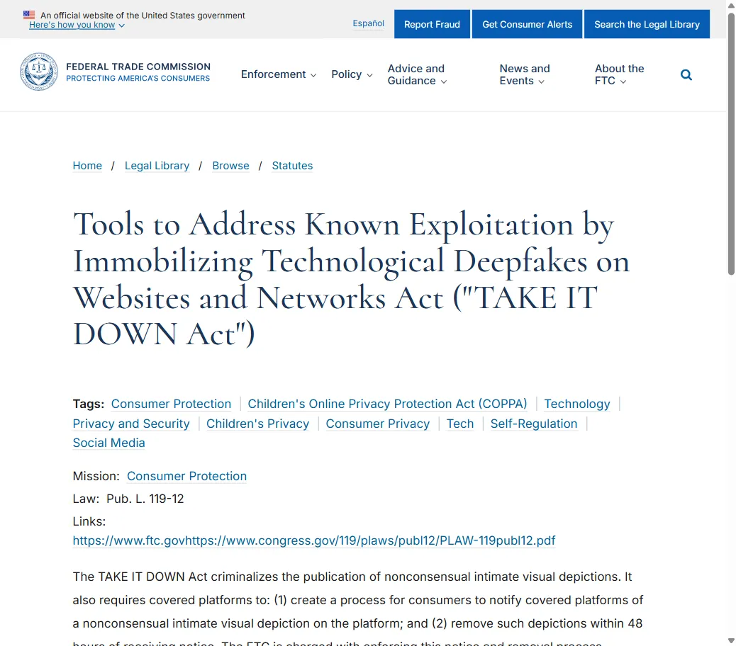 FTC legal library page for the TAKE IT DOWN Act, showing the statute classification and enforcement authority