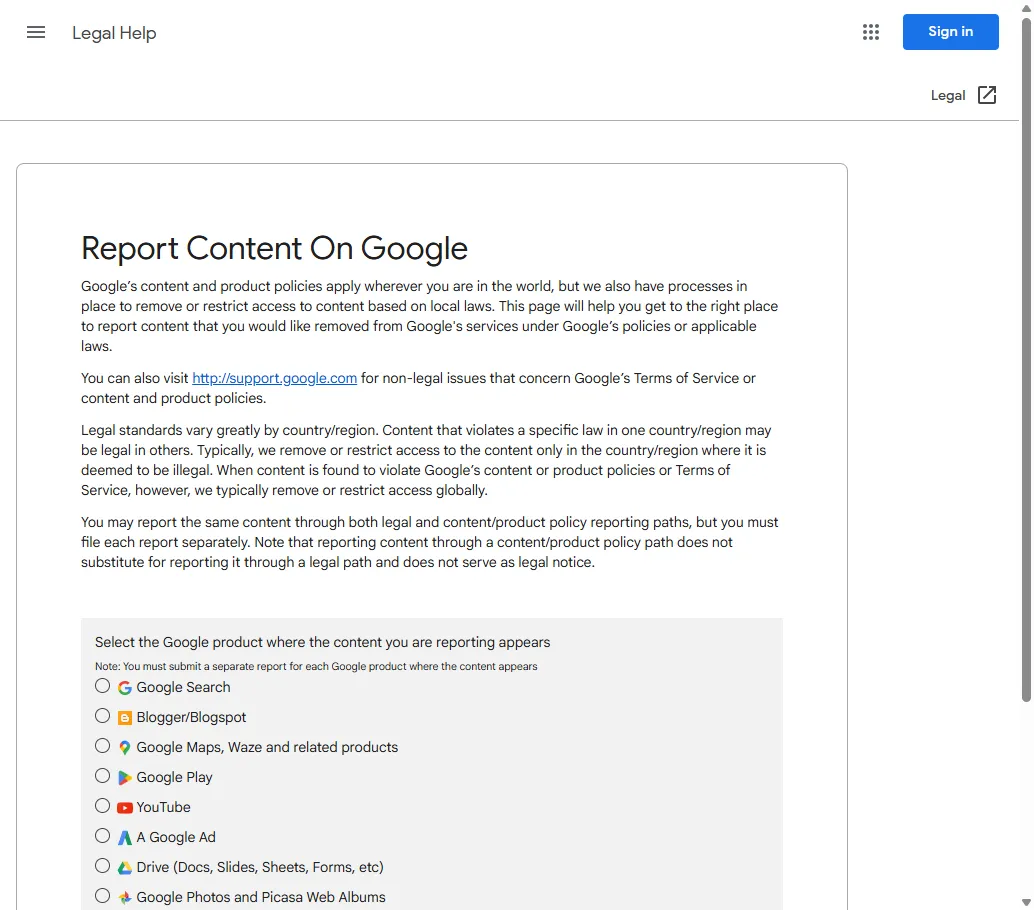 Google’s Report Content page for legal removal requests
