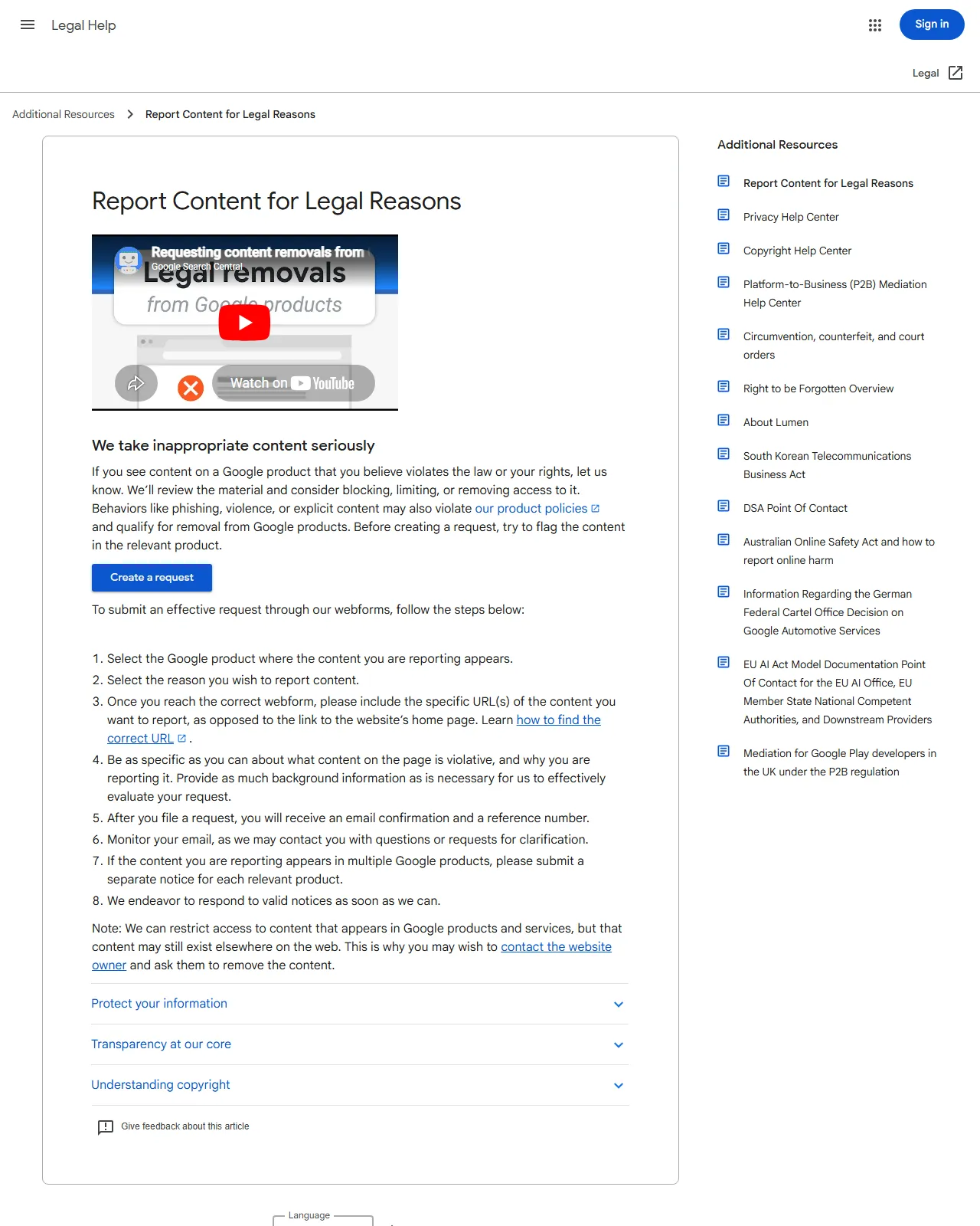 Google's Report Content for Legal Reasons page, the entry point for DMCA copyright removal requests and other legal-removal flows