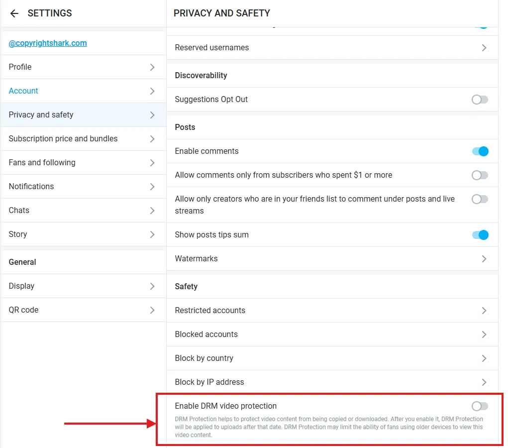 OnlyFans DRM settings panel showing the Enable DRM Video Protection toggle in Privacy and Safety