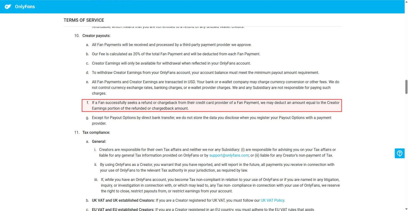 OnlyFans Terms of Service section 10(f) highlighted, showing that OnlyFans may deduct the creator-earnings portion of any refunded or charged-back fan payment
