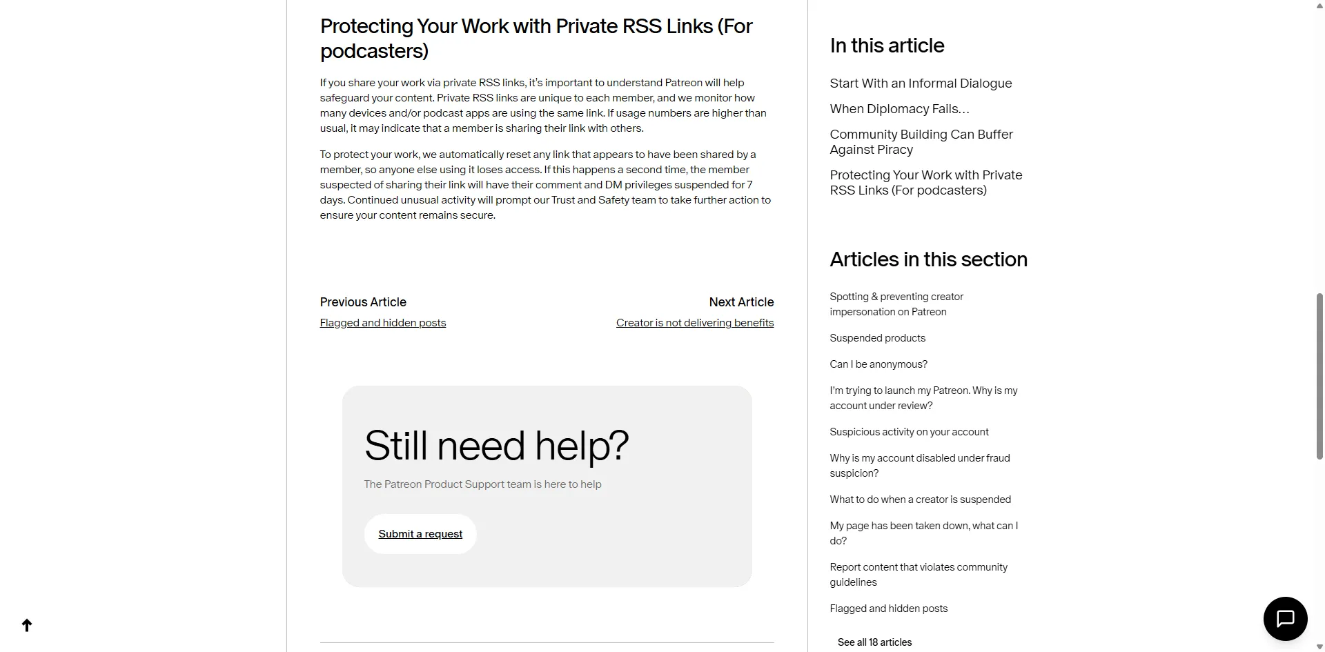 Patreon Help Center article explaining private RSS link protection for podcasters