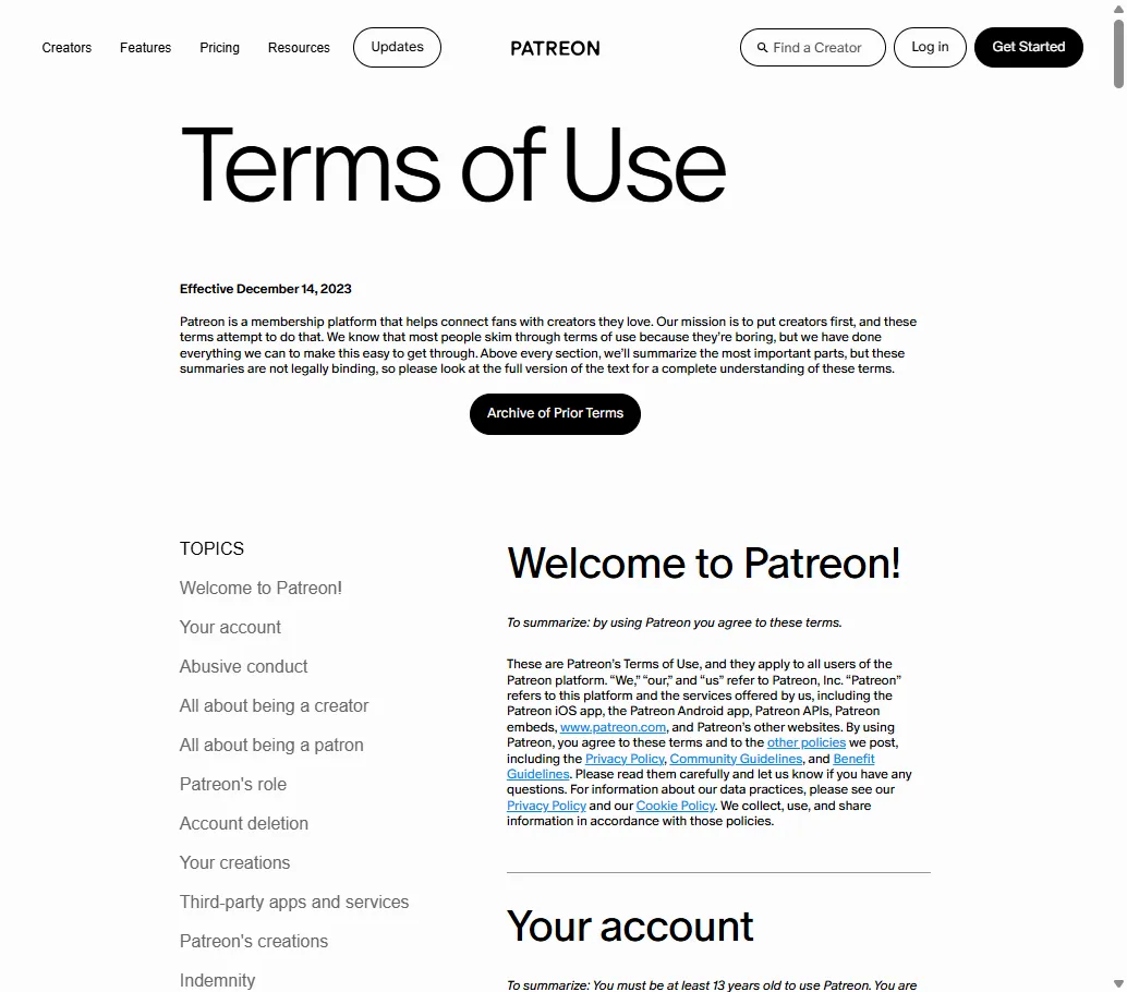 Patreon Terms of Use page showing creator ownership rights