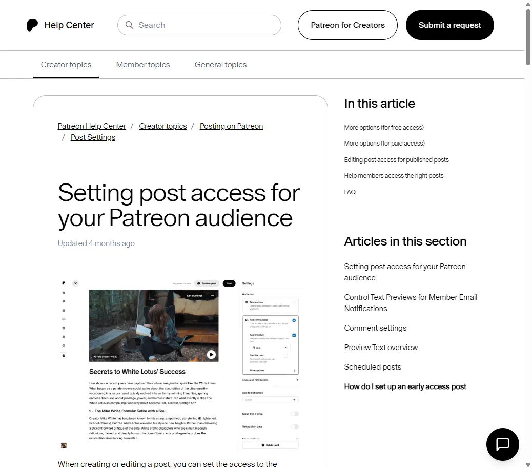 Patreon post access settings showing free, paid, and tier-specific visibility options