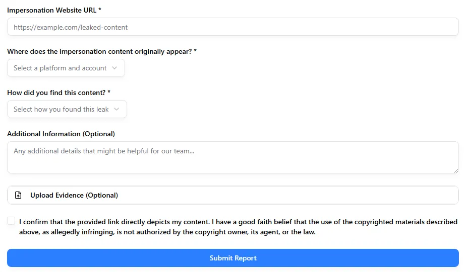 Report Impersonation form in CopyrightShark dashboard
