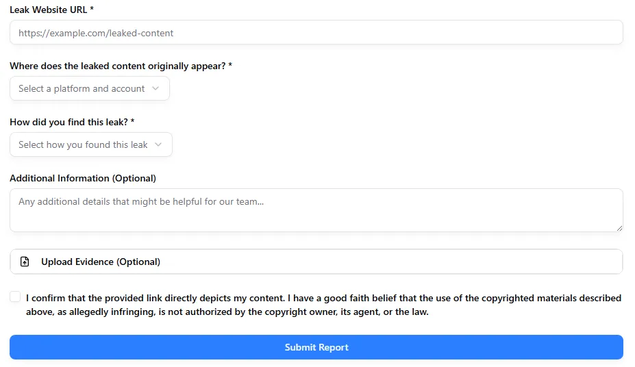 Report Leaks form in CopyrightShark dashboard