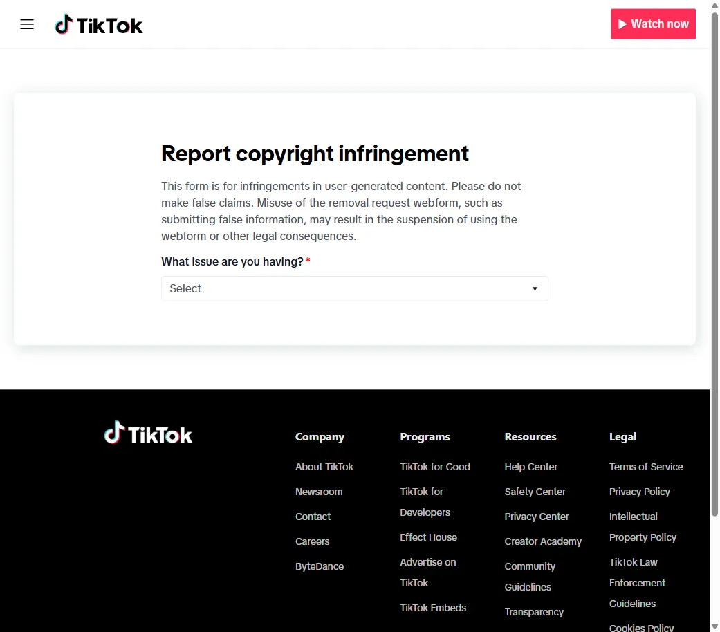 TikTok's copyright report form showing the "Report copyright infringement" heading and issue selector