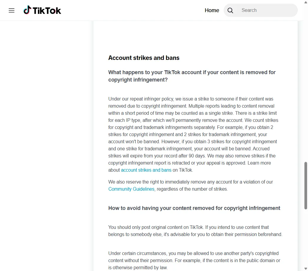 TikTok's account strikes and bans policy showing the 3-strike system and 90-day expiry